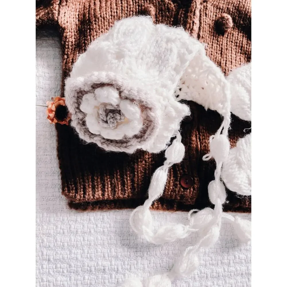 Handmade Crochet Chunky Knit Floral Hat & Mittens
